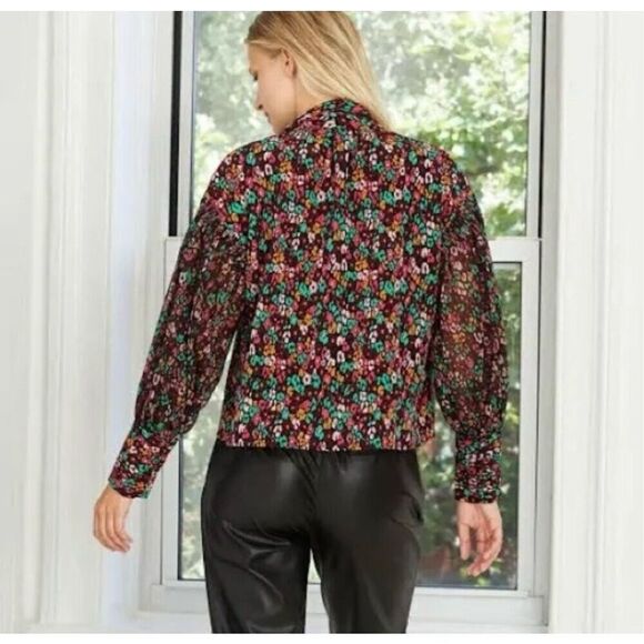 ✨Who What Wear Women's Balloon Long Sleeve Bow Cheetah Sz Large Blouse✨ - Picture 2 of 9